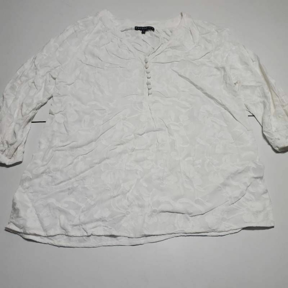 Brixon Ivy Womens Blouse White Floral 3/4 Sleeve V Neck Pullover Embroidered S